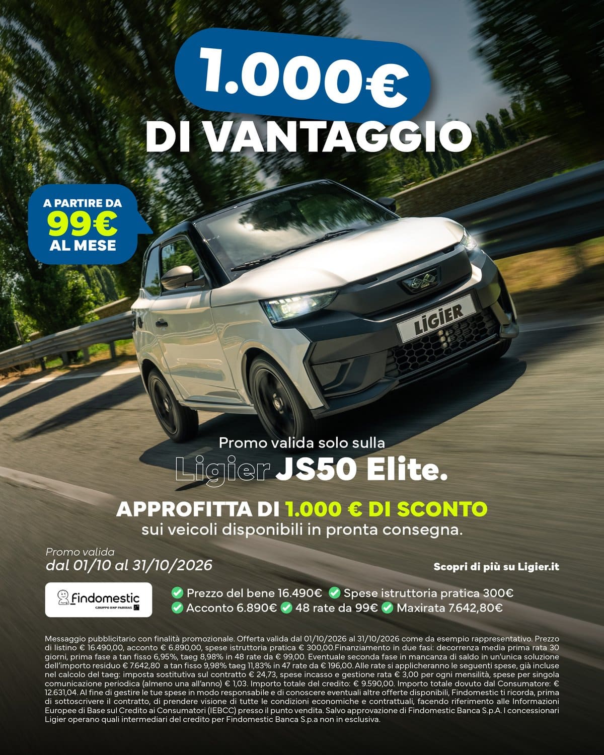 Ligier JS50 Elite: 1.000 € di vantaggio con Findomestic, promo ottobre 2026