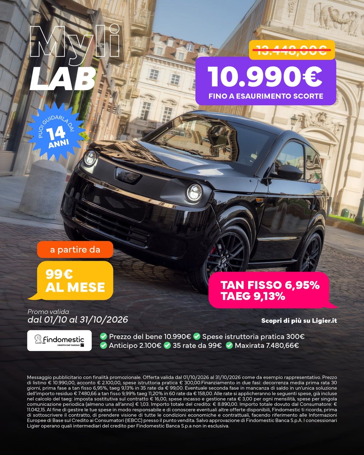Ligier Myli LAB a 10.990 € con Findomestic, promo ottobre 2026
